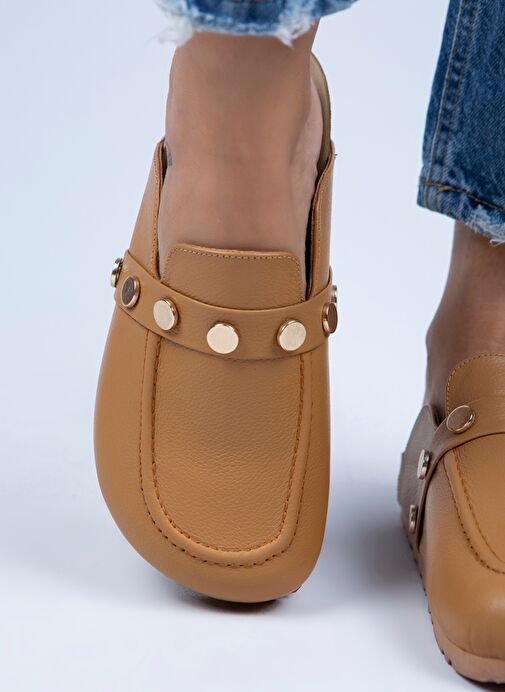 Manijero Bonita Kadın Hakiki Deri Zımbalı Taba - Gold Terlik - Görsel 6