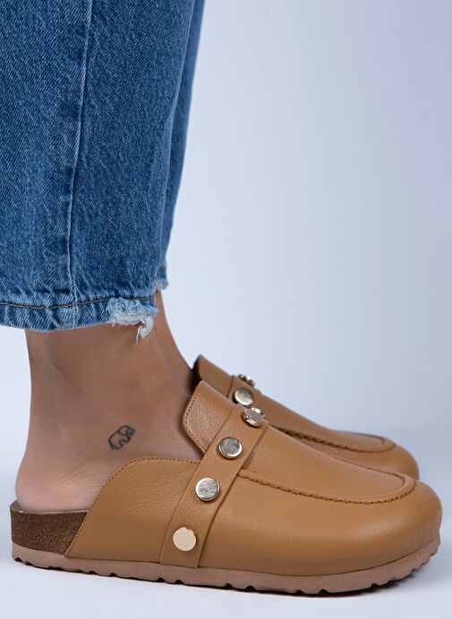 Manijero Bonita Kadın Hakiki Deri Zımbalı Taba - Gold Terlik - Görsel 3