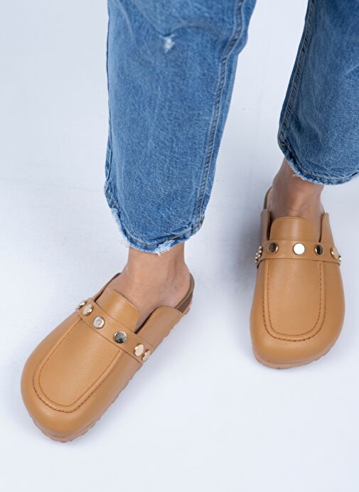 Manijero Bonita Kadın Hakiki Deri Zımbalı Taba - Gold Terlik - Görsel 7