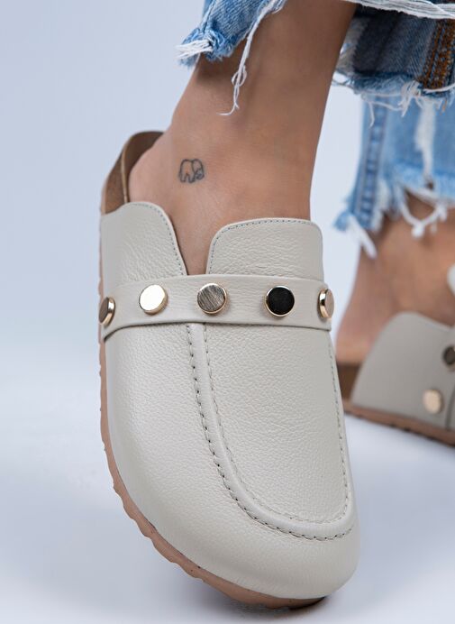 Manijero Bej-Gold Kadın Deri Terlik MNJ.011.06 - Görsel 5