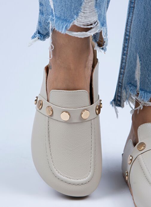 Manijero Bej-Gold Kadın Deri Terlik MNJ.011.06 - Görsel 6