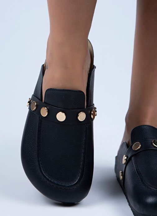 Manijero Bonita Kadın Hakiki Deri Zımbalı Siyah - Gold Terlik - Görsel 7