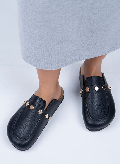 Manijero Bonita Kadın Hakiki Deri Zımbalı Siyah - Gold Terlik - Görsel 2