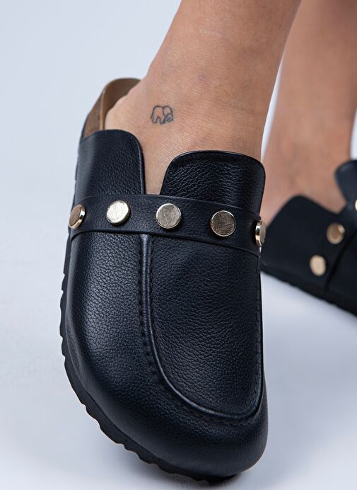 Manijero Bonita Kadın Hakiki Deri Zımbalı Siyah - Gold Terlik - Görsel 6