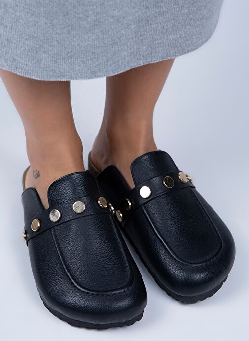 Manijero Bonita Kadın Hakiki Deri Zımbalı Siyah - Gold Terlik - Görsel 4