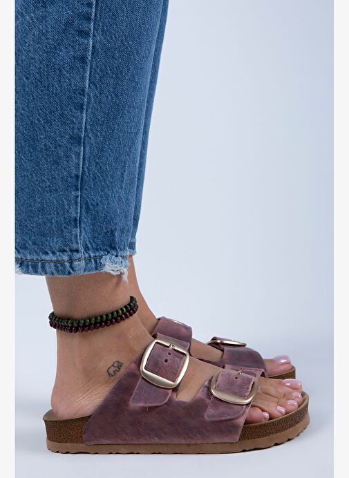 Manijero İrene 2 Kadın Eskitme Hakikii Deri Çift Tokalı Bordo - Gold Terlik - Görsel 2