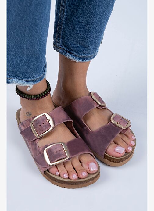 Manijero İrene 2 Kadın Eskitme Hakikii Deri Çift Tokalı Bordo - Gold Terlik - Görsel 3