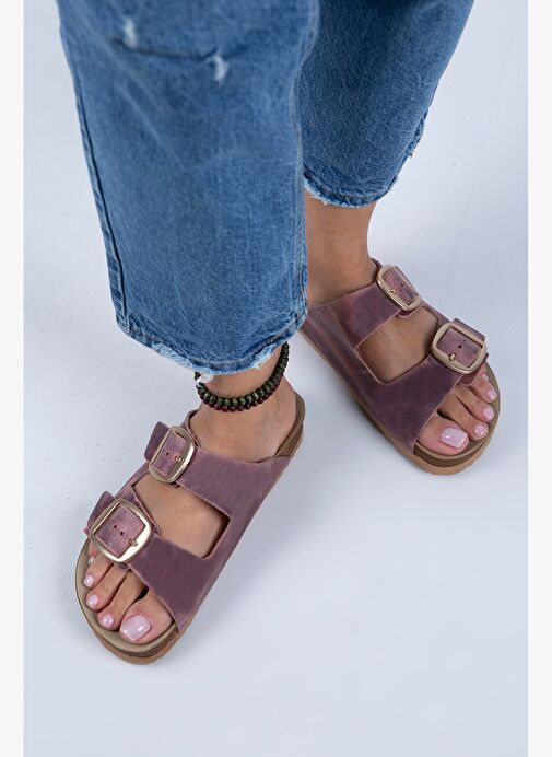 Manijero İrene 2 Kadın Eskitme Hakikii Deri Çift Tokalı Bordo - Gold Terlik - Görsel 6