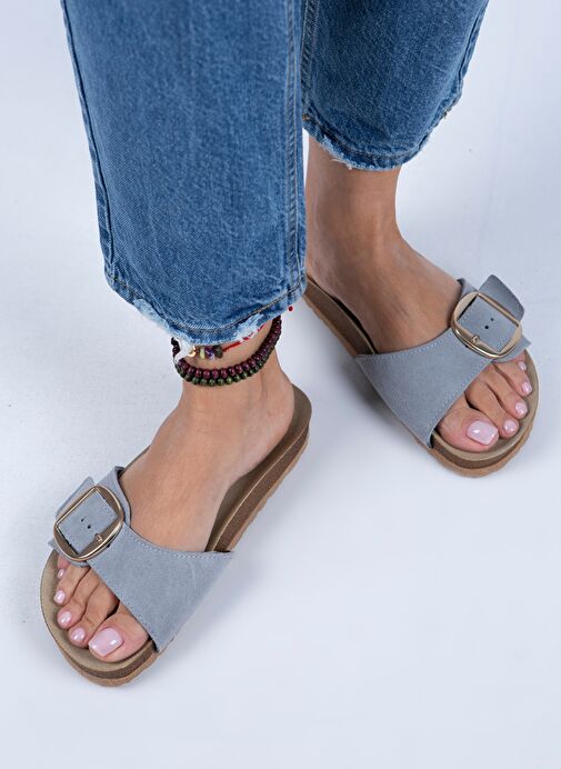 Manijero Jade Kadın Hakiki Deri Tek Tokalı Gri Süet - Gold Terlik - Görsel 6