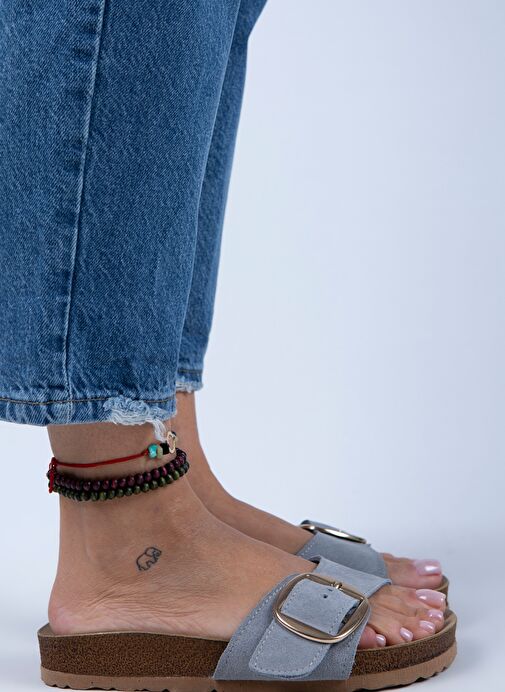 Manijero Jade Kadın Hakiki Deri Tek Tokalı Gri Süet - Gold Terlik - Görsel 3