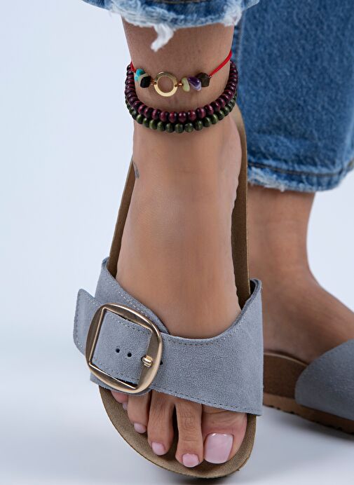 Manijero Jade Kadın Hakiki Deri Tek Tokalı Gri Süet - Gold Terlik - Görsel 5