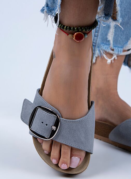 Manijero Jade Kadın Hakiki Deri Tek Tokalı Gri Süet - Gümüş Terlik - Görsel 5