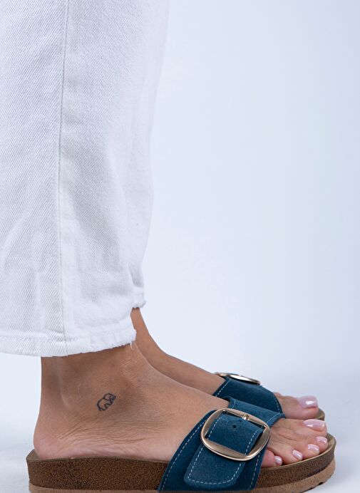 Manijero Jade Kadın Hakiki Deri Tek Tokalı Petrol Süet - Gold Terlik - Görsel 3