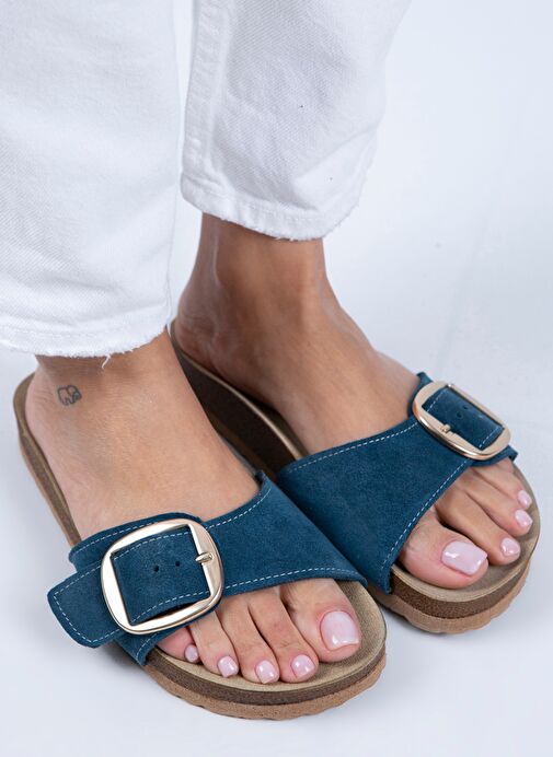 Manijero Jade Kadın Hakiki Deri Tek Tokalı Petrol Süet - Gold Terlik - Görsel 4