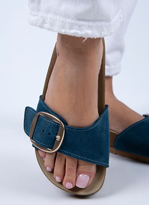 Manijero Jade Kadın Hakiki Deri Tek Tokalı Petrol Süet - Gold Terlik - Görsel 6