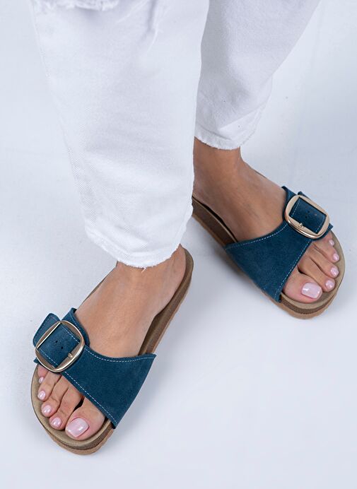 Manijero Jade Kadın Hakiki Deri Tek Tokalı Petrol Süet - Gold Terlik - Görsel 2