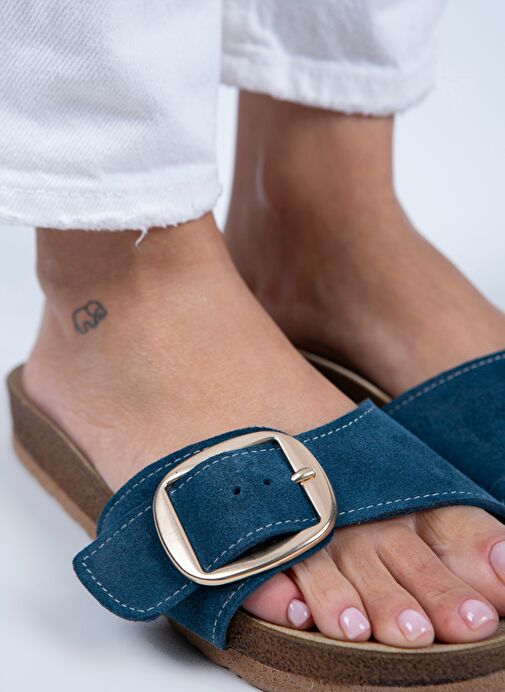 Manijero Jade Kadın Hakiki Deri Tek Tokalı Petrol Süet - Gold Terlik - Görsel 5