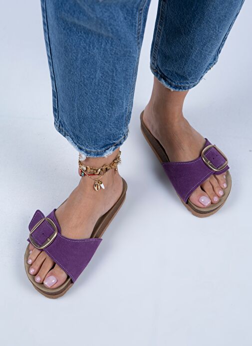 Manijero Jade Kadın Hakiki Deri Tek Tokalı Mor Süet - Gold Terlik - Görsel 3