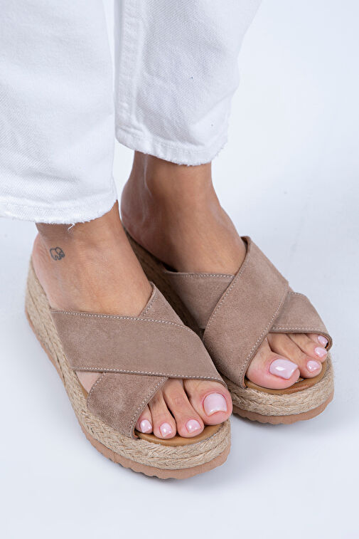 Manijero Tegan Kadın Hakiki Deri Çift Bant Çapraz Terlik Vizon Süet Terlik - Görsel 4