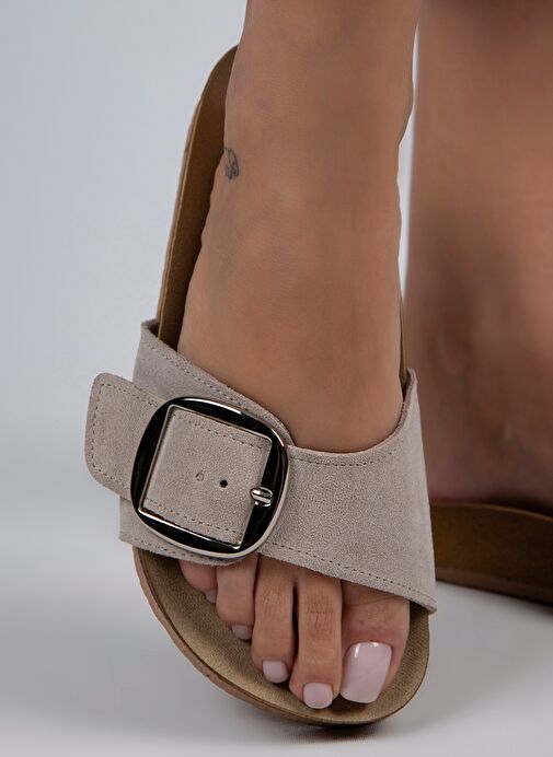 Manijero Jade Kadın Hakiki Deri Tek Tokalı Bej Süet - Gümüş Terlik - Görsel 5