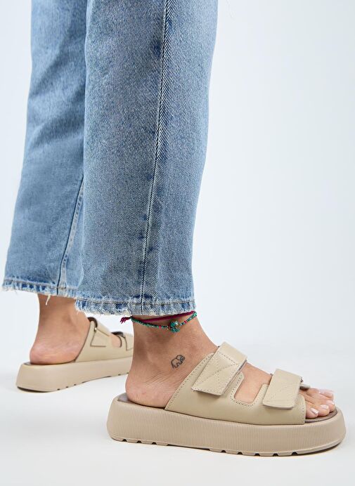 Manijero Farah Kadın Hakiki Deri Çift Cırtlı Bej -Bej Terlik - Görsel 2