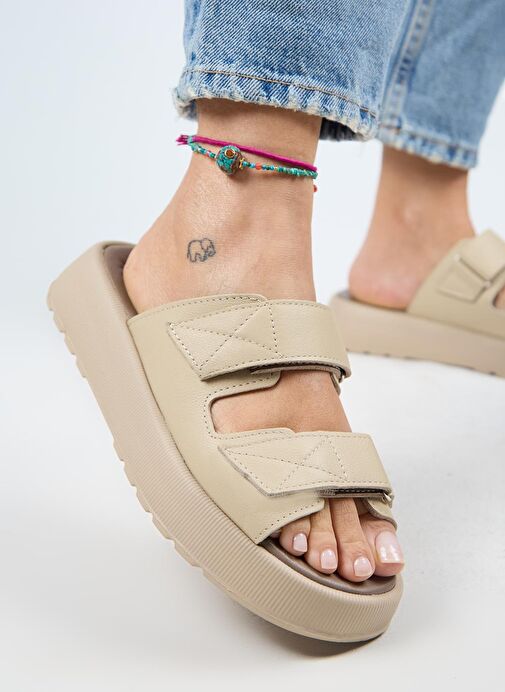 Manijero Farah Kadın Hakiki Deri Çift Cırtlı Bej -Bej Terlik - Görsel 6