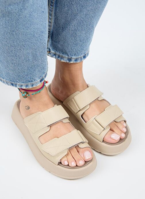 Manijero Farah Kadın Hakiki Deri Çift Cırtlı Bej -Bej Terlik - Görsel 4