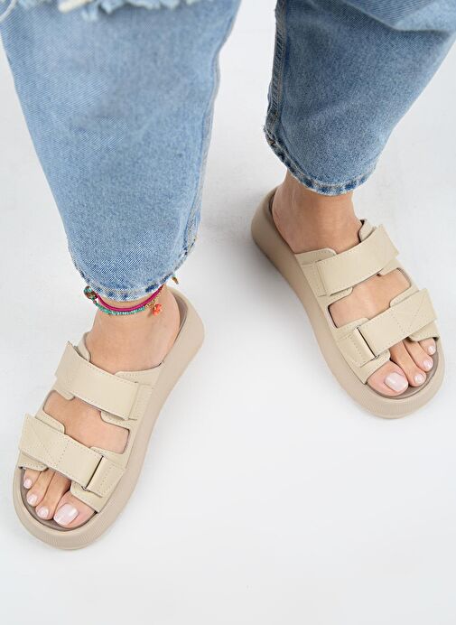 Manijero Farah Kadın Hakiki Deri Çift Cırtlı Bej -Bej Terlik - Görsel 8