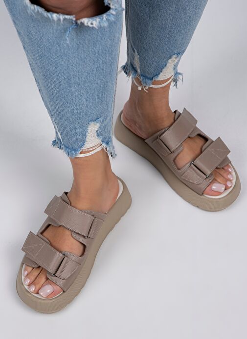 Manijero Bej Kadın Deri Terlik MNJ.082.02 - Görsel 2