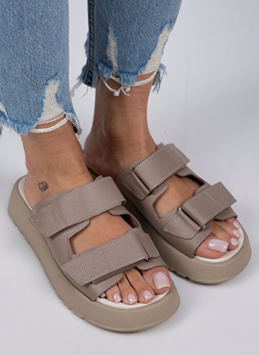 Manijero Bej Kadın Deri Terlik MNJ.082.02 - Görsel 4