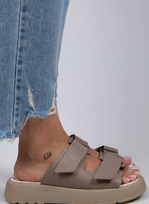 Manijero Bej Kadın Deri Terlik MNJ.082.02 - Görsel 3