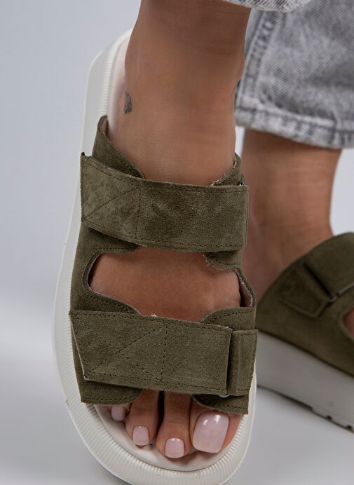 Manijero Çağla Yeşili-Beyaz Kadın Süet Terlik MNJ.082.03 - Görsel 2