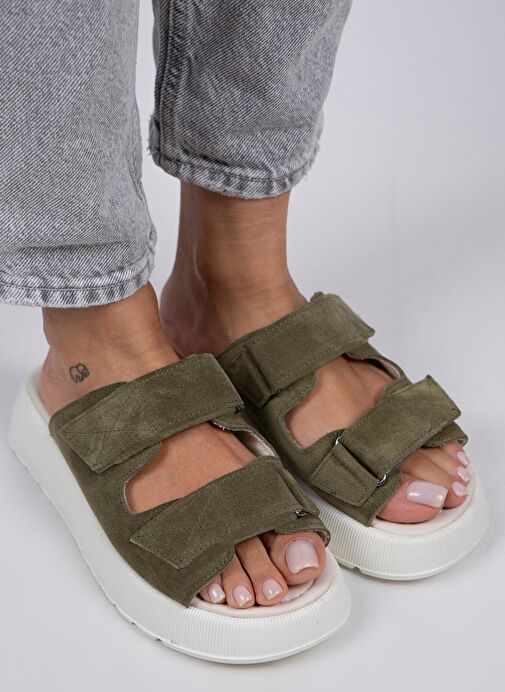 Manijero Çağla Yeşili-Beyaz Kadın Süet Terlik MNJ.082.03 - Görsel 4