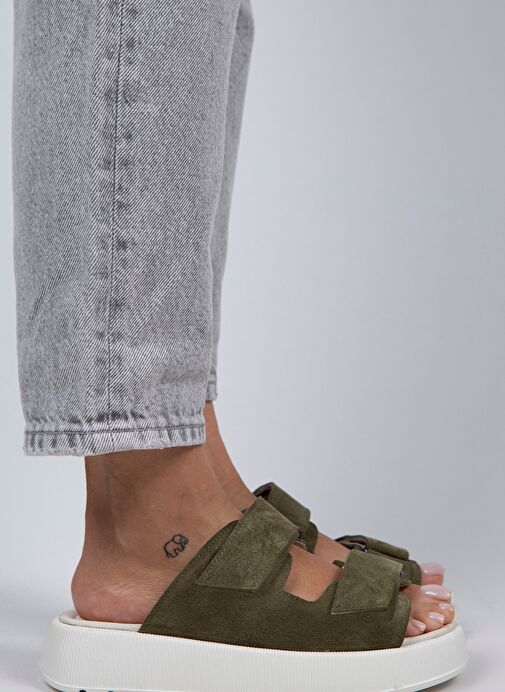 Manijero Çağla Yeşili-Beyaz Kadın Süet Terlik MNJ.082.03 - Görsel 3