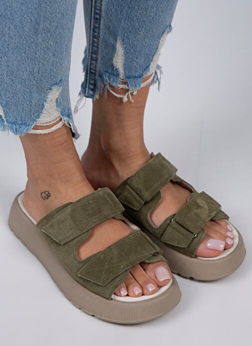 Manijero Çağla Yeşili-Bej Kadın Süet Terlik MNJ.082.04 - Görsel 4