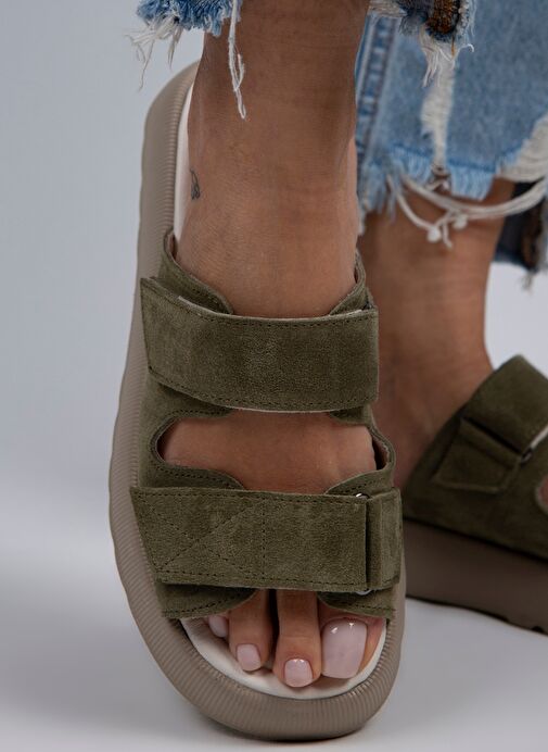 Manijero Çağla Yeşili-Bej Kadın Süet Terlik MNJ.082.04 - Görsel 6