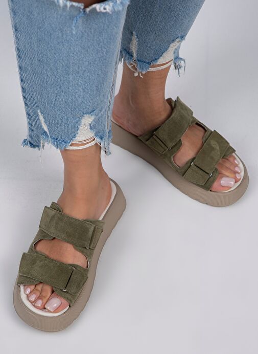 Manijero Çağla Yeşili-Bej Kadın Süet Terlik MNJ.082.04 - Görsel 2