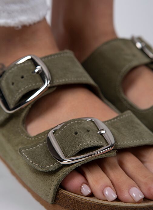 Manijero Irene Kadın Hakiki Deri Çift Tokalı Su Yeşili - Gümüş Terlik - Görsel 2