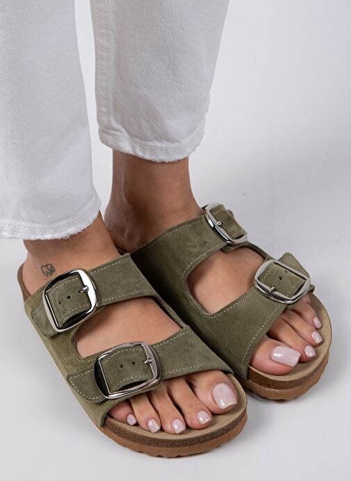 Manijero Irene Kadın Hakiki Deri Çift Tokalı Su Yeşili - Gümüş Terlik - Görsel 4