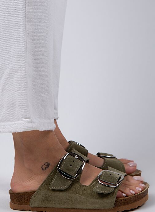 Manijero Irene Kadın Hakiki Deri Çift Tokalı Su Yeşili - Gümüş Terlik - Görsel 3