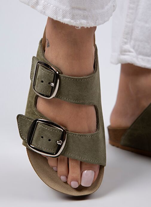 Manijero Irene Kadın Hakiki Deri Çift Tokalı Su Yeşili - Gümüş Terlik - Görsel 6