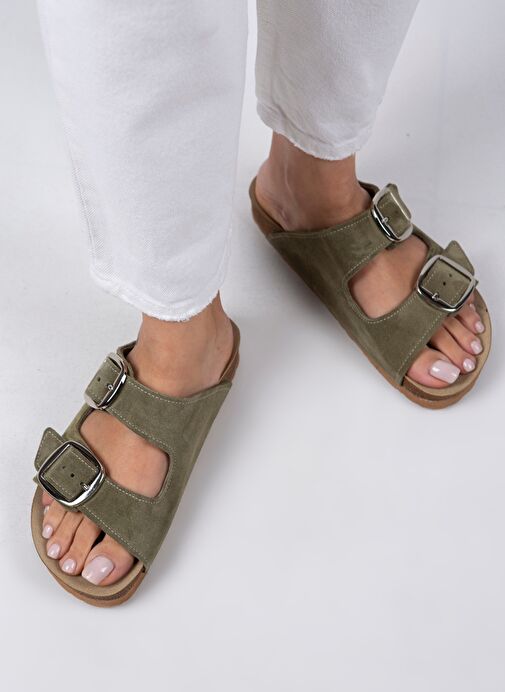 Manijero Irene Kadın Hakiki Deri Çift Tokalı Su Yeşili - Gümüş Terlik - Görsel 5