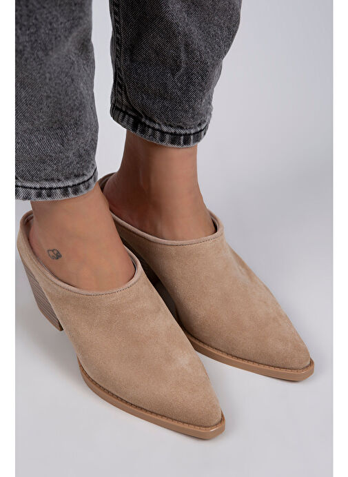 Manijero Stella Kadın Hakiki Deri Western Bej - Süet Terlik - Görsel 3