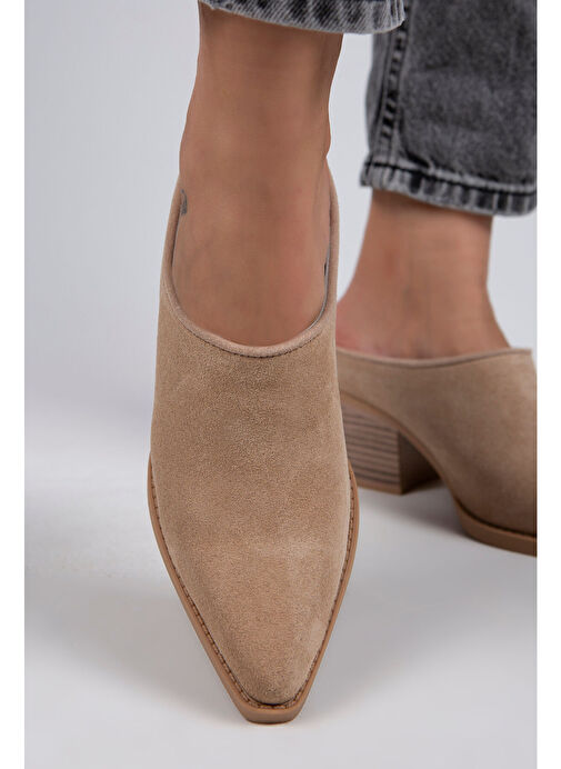 Manijero Stella Kadın Hakiki Deri Western Bej - Süet Terlik - Görsel 6