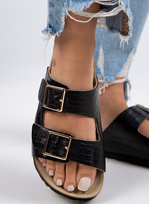 Manijero Croco Kadın Hakiki Deri Çift Tokalı Crocodile Siyah Terlik - Görsel 2