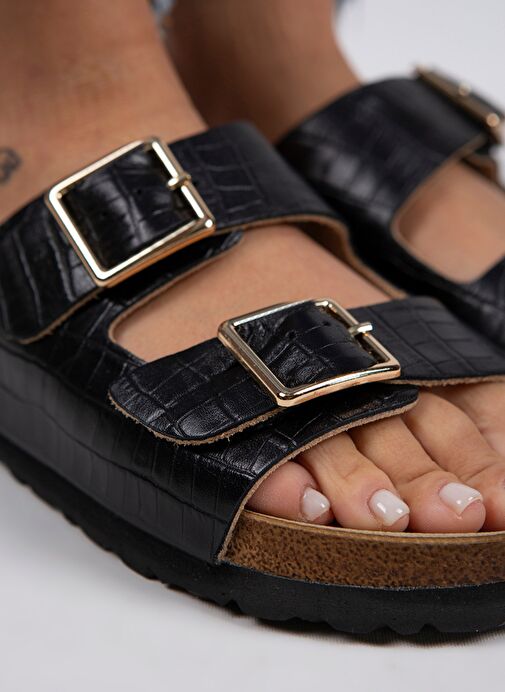 Manijero Croco Kadın Hakiki Deri Çift Tokalı Crocodile Siyah Terlik - Görsel 5