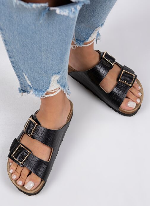 Manijero Croco Kadın Hakiki Deri Çift Tokalı Crocodile Siyah Terlik - Görsel 6