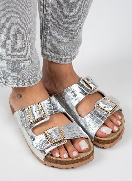 Manijero Croco Kadın Hakiki Deri Çift Tokalı Crocodile Gümüş Terlik - Görsel 4