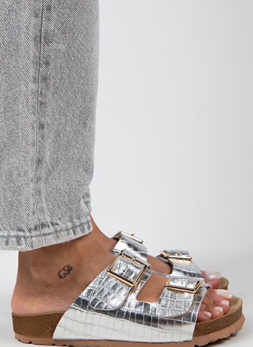 Manijero Croco Kadın Hakiki Deri Çift Tokalı Crocodile Gümüş Terlik - Görsel 3