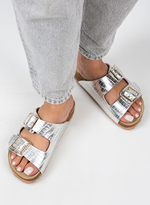 Manijero Croco Kadın Hakiki Deri Çift Tokalı Crocodile Gümüş Terlik - Görsel 6